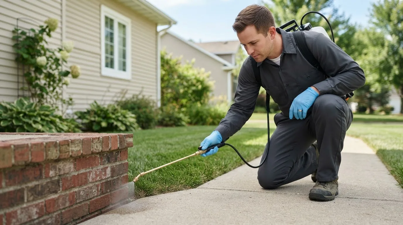 Pest control technician treating a home near Garland City, AR